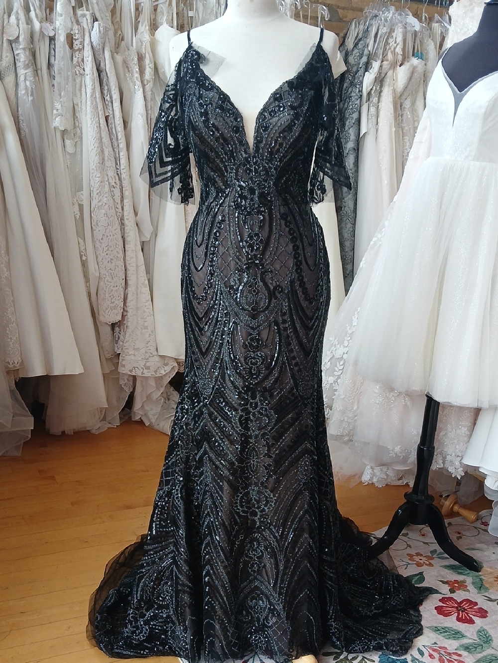 Elegant Black Beaded Wedding Dress - Off-Shoulder Lace Sleeves